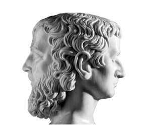 Janus. The guy on the left is walking away from the curly-mulleted guy on the right.